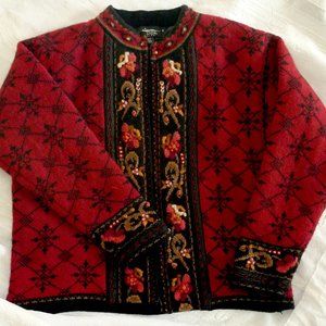 Icelandic Design Red Sweater 100% Wool, Zip-up, Perfect Lining, Size L